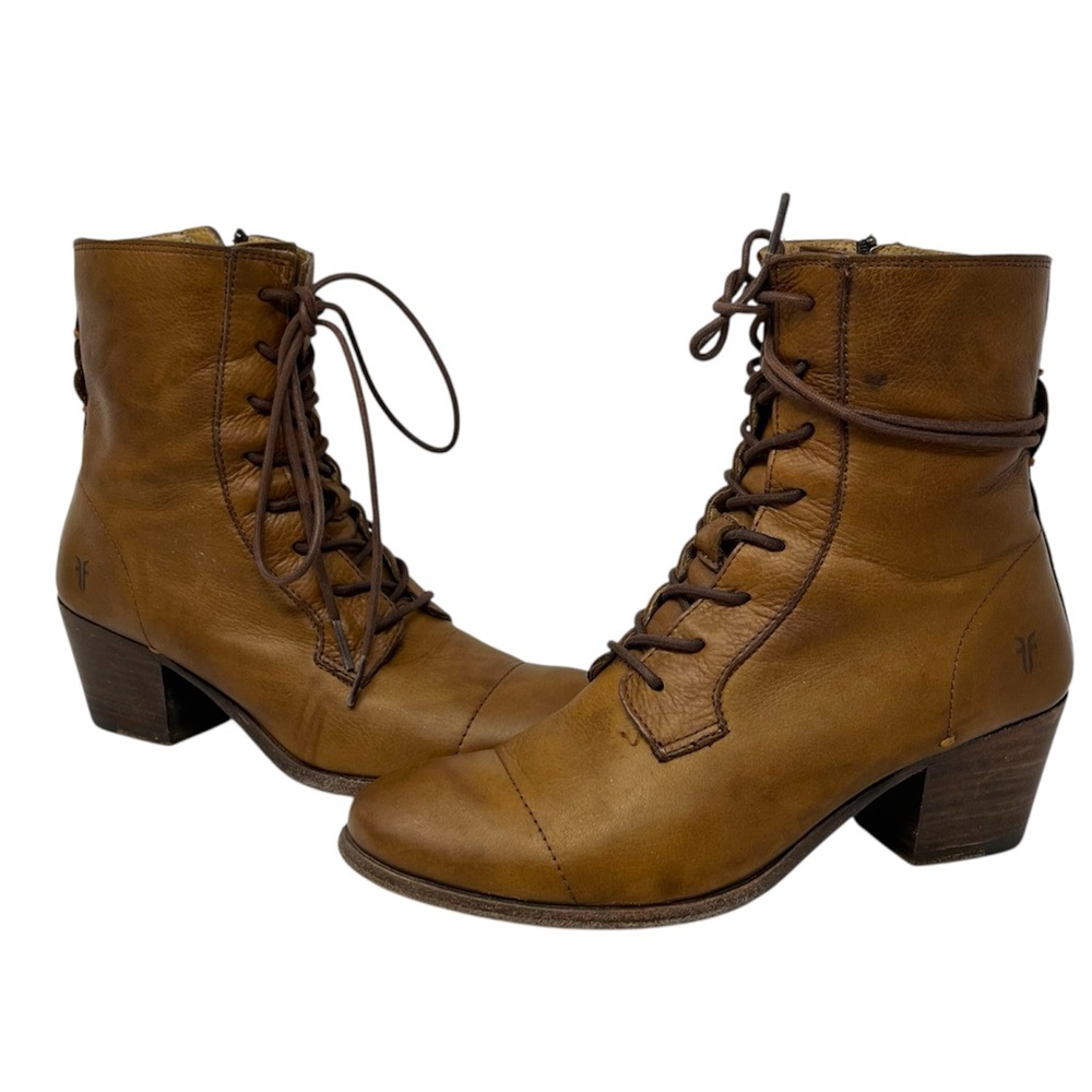 Frye Tan Lace-Up Ankle Boots with Chunky Heel